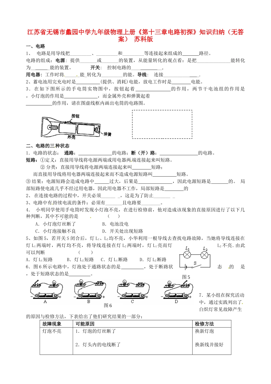 九年级物理上册(第十三章电路初探)知识点归纳 苏科版试卷_第1页