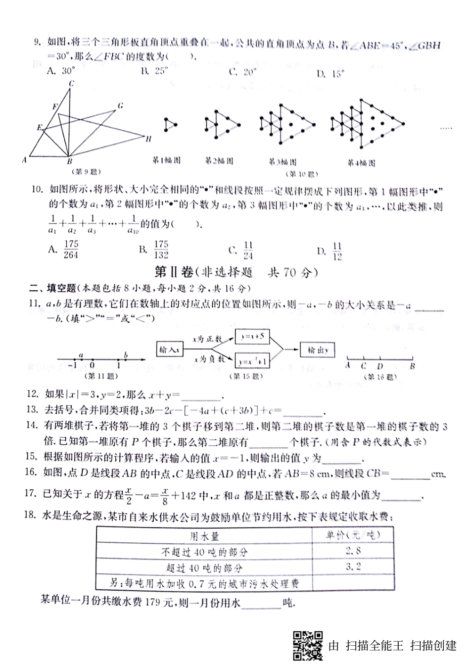 山东省济宁市梁山县七年级数学上学期期末综合提优测评试卷(pdf，无答案) 新人教版试卷_第2页