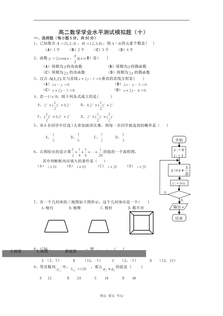 高二数学学业水平测试模拟题10_第1页
