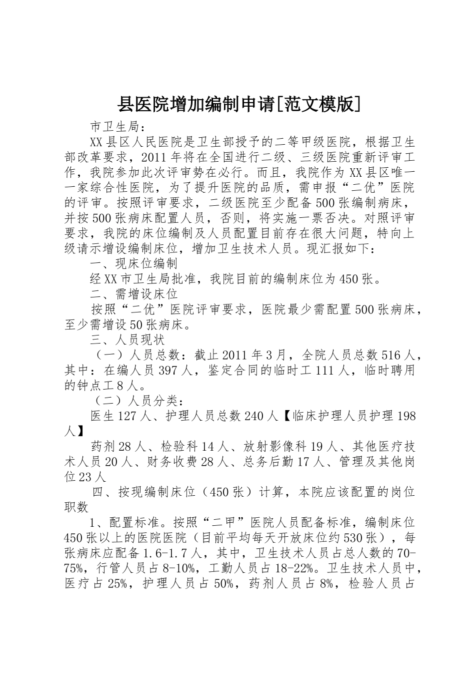 县医院增加编制申请[范文模版]_第1页