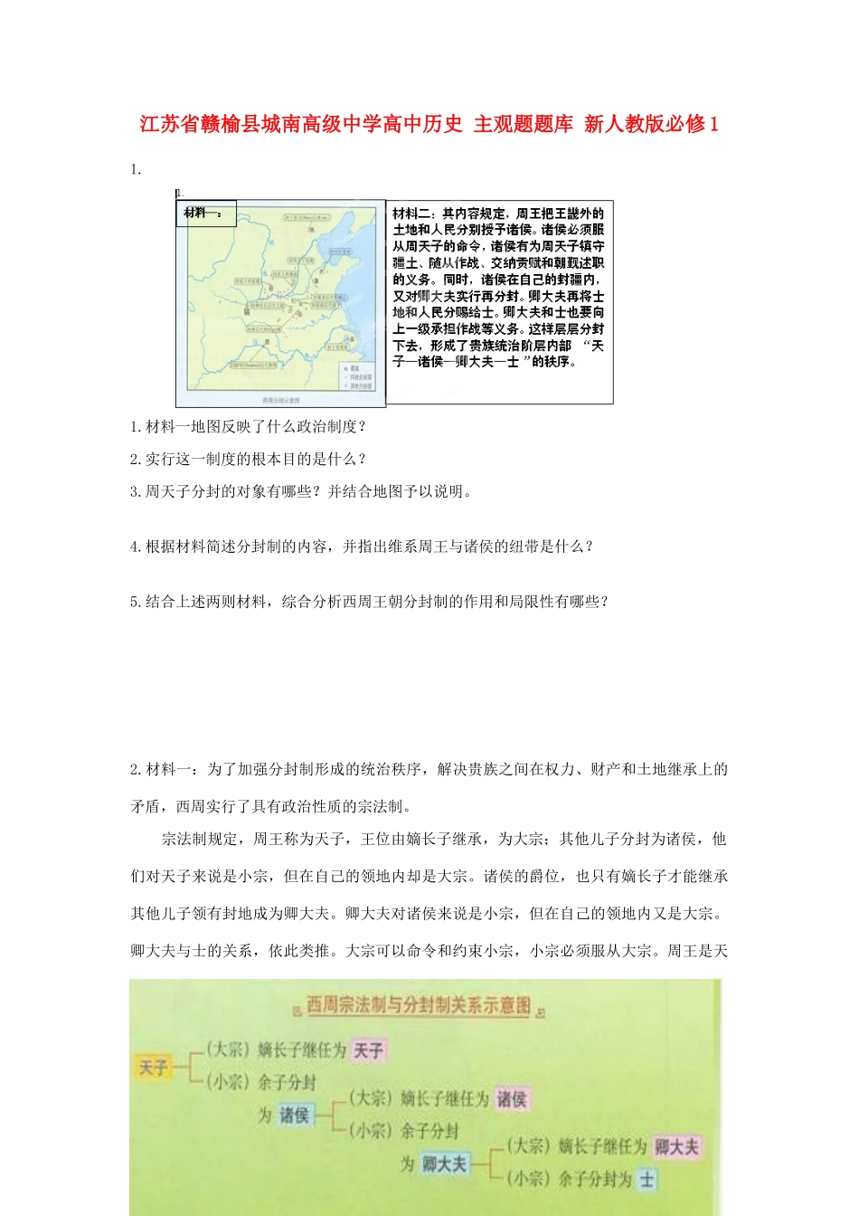 江苏省赣榆县城南高级中学高中历史 主观题题库 新人教版必修1_第1页