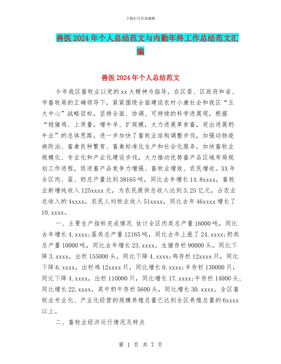 兽医2024年个人总结范文与内勤年终工作总结范文汇编_第1页