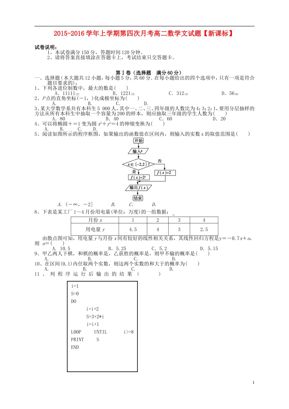 （新课标）高二数学上学期第四次月考试题 文-人教版高二全册数学试题_第1页