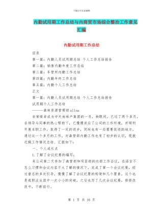内勤试用期工作总结与内商贸市场综合整治工作意见汇编