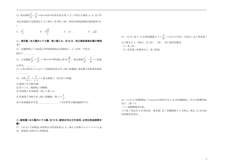 高中数学 第二章 圆锥曲线与方程单元测试（二）新人教A版选修1-1-新人教A版高二选修1-1数学试题_第2页