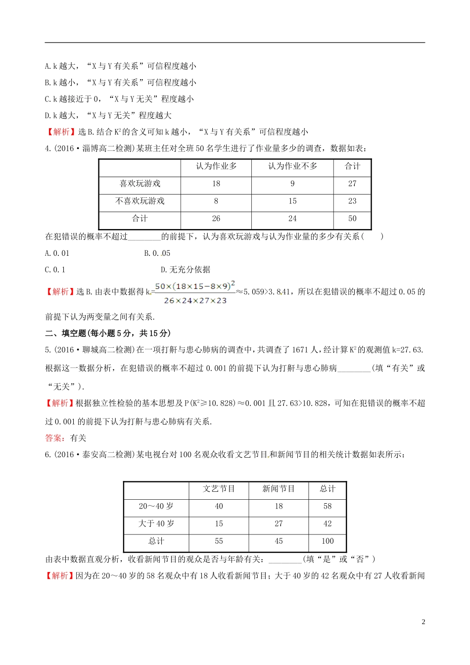 高中数学 第一章 统计案例 1.2 独立性检验的基本思想及其初步应用课时提升作业1 新人教A版选修1-2-新人教A版高二选修1-2数学试题_第2页