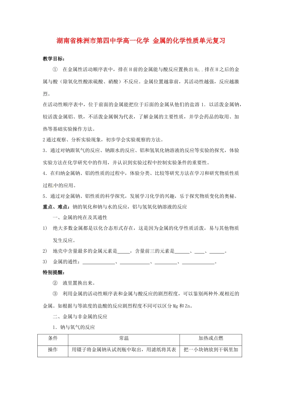 湖南省株洲市第四中学高一化学 金属的化学性质单元复习_第1页