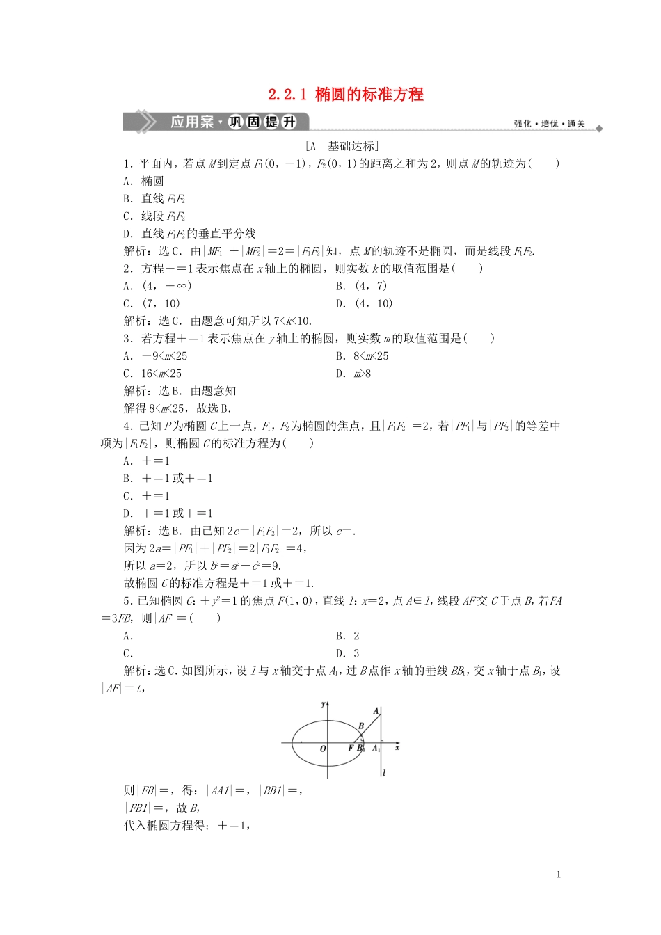 高中数学 第2章 圆锥曲线与方程 2.2 椭圆 2.2.1 椭圆的标准方程应用案巩固提升 新人教B版选修2-1-新人教B版高二选修2-1数学试题_第1页