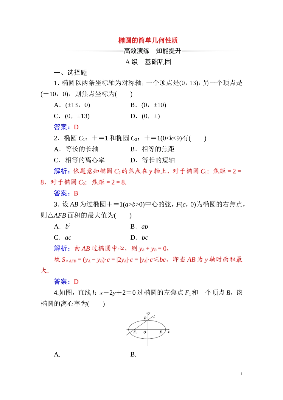 高中数学 第二章 圆锥曲线与方程 2.2 椭圆 2.2.2 第1课时 椭圆的简单几何性质达标练习（含解析）新人教A版选修2-1-新人教A版高二选修2-1数学试题_第1页