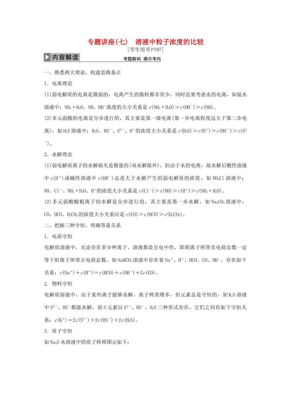 优化方案高考化学大一轮复习 第八章 水溶液中的离子平衡 专题讲座（七）溶液中粒子浓度的比较-人教版高三全册化学试题_第1页