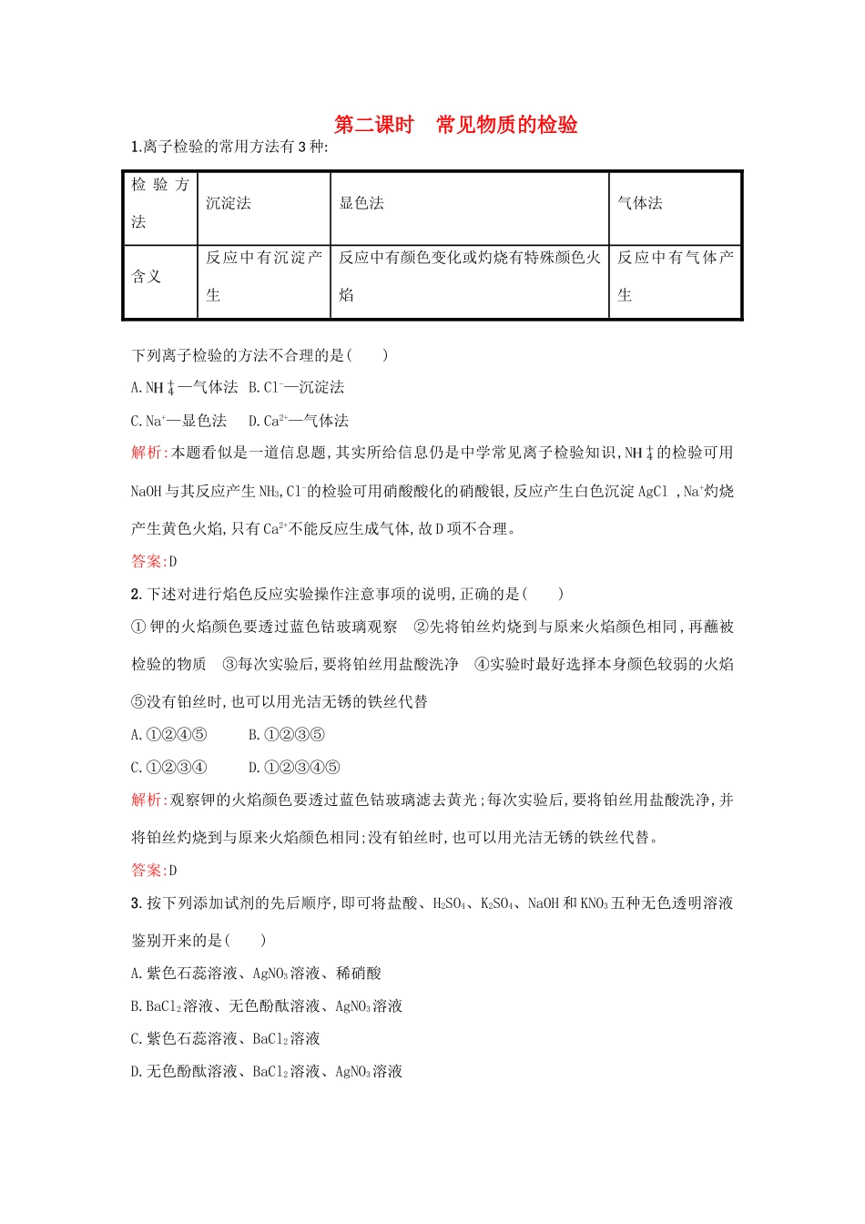 高中化学 专题1 化学家眼中的物质世界 1.2.2 常见物质的检验练习 苏教版必修1-苏教版高一必修1化学试题_第1页