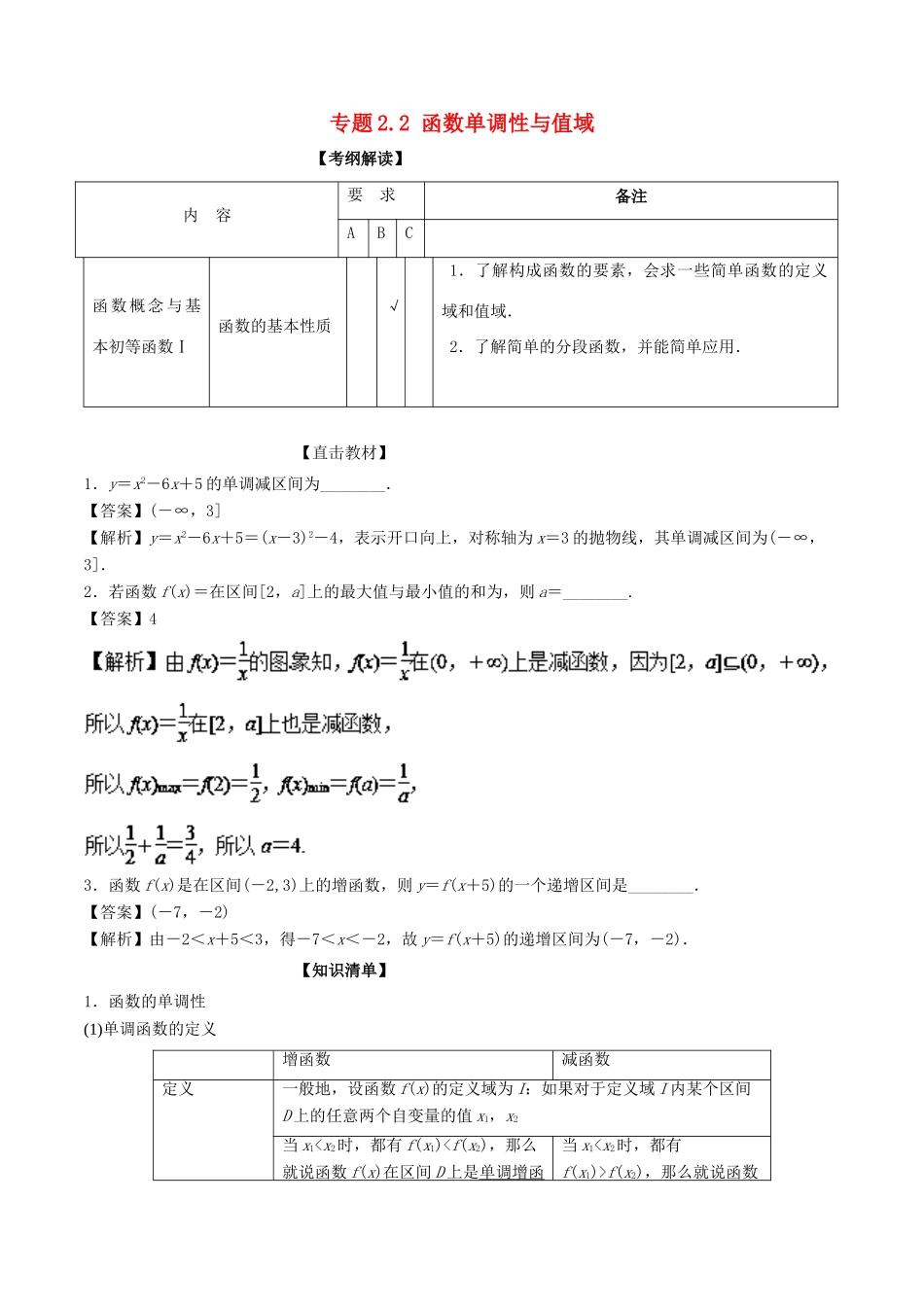（江苏专版）高考数学一轮复习 专题2.2 函数单调性与值域（讲）-人教版高三全册数学试题_第1页