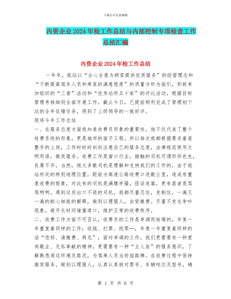 内资企业2024年检工作总结与内部控制专项检查工作总结汇编_第1页