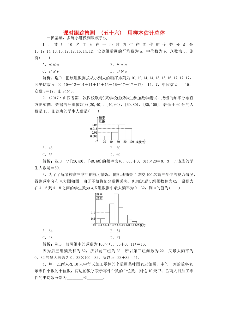 高考数学大一轮复习 第十章 算法初步、统计、统计案例 课时跟踪检测（五十六）用样本估计总体练习 文-人教版高三全册数学试题_第1页