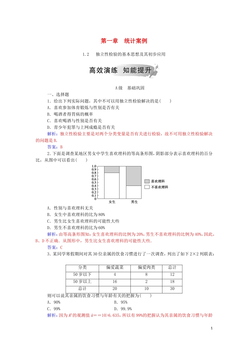 高中数学 第一章 统计案例 1.2 独立性检验的基本思想及其初步应用演练（含解析）新人教A版版选修1-2-新人教A版高二选修1-2数学试题_第1页