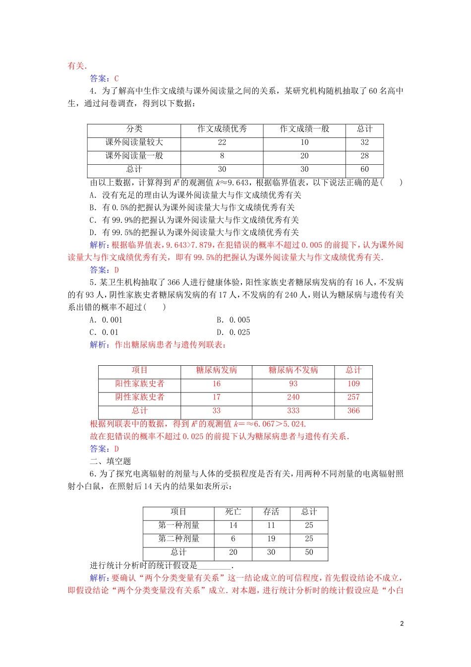 高中数学 第一章 统计案例 1.2 独立性检验的基本思想及其初步应用演练（含解析）新人教A版版选修1-2-新人教A版高二选修1-2数学试题_第2页
