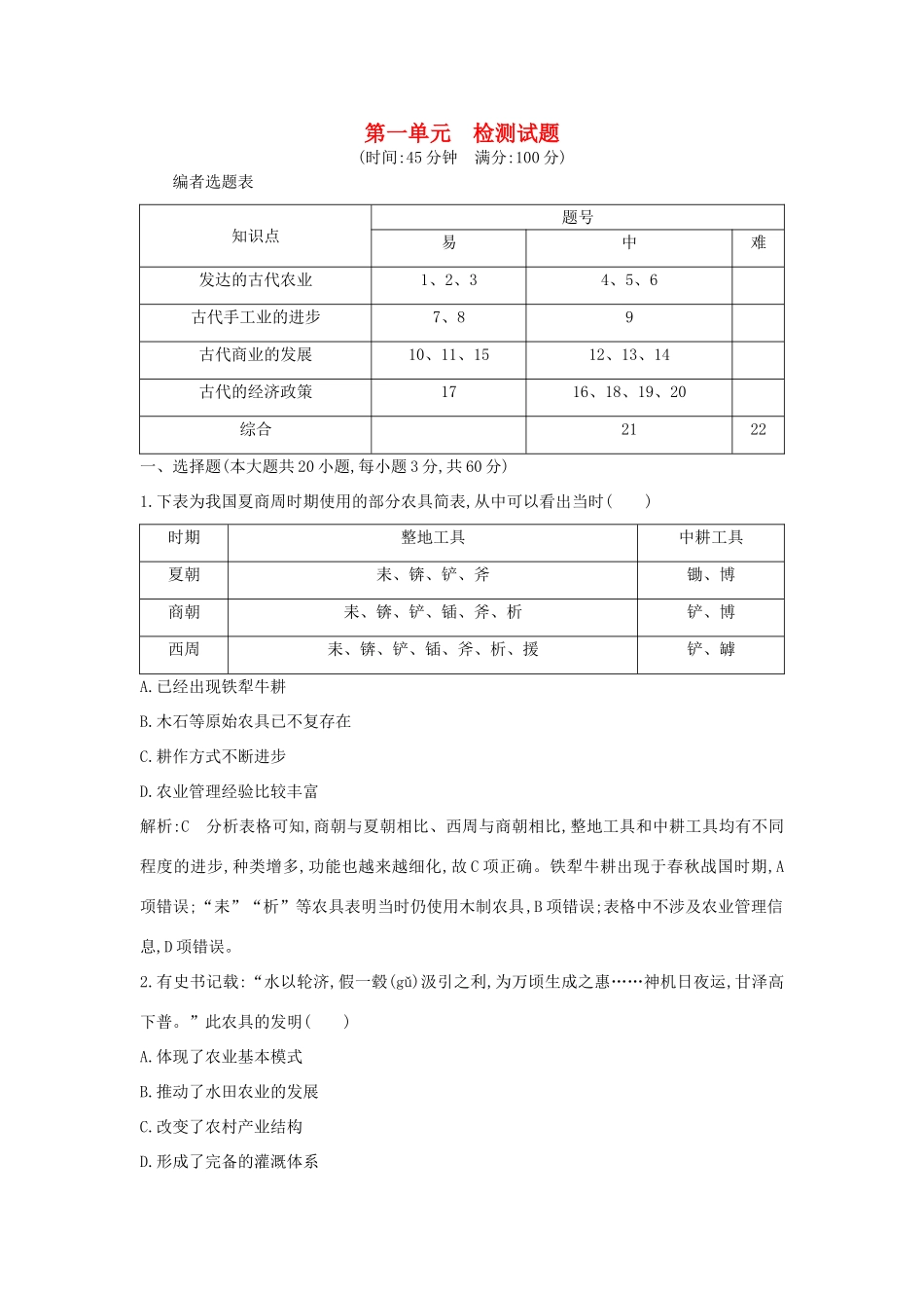 高中历史 第一单元 古代中国经济的基本结构与特点检测试题 新人教版必修2-新人教版高一必修2历史试题_第1页