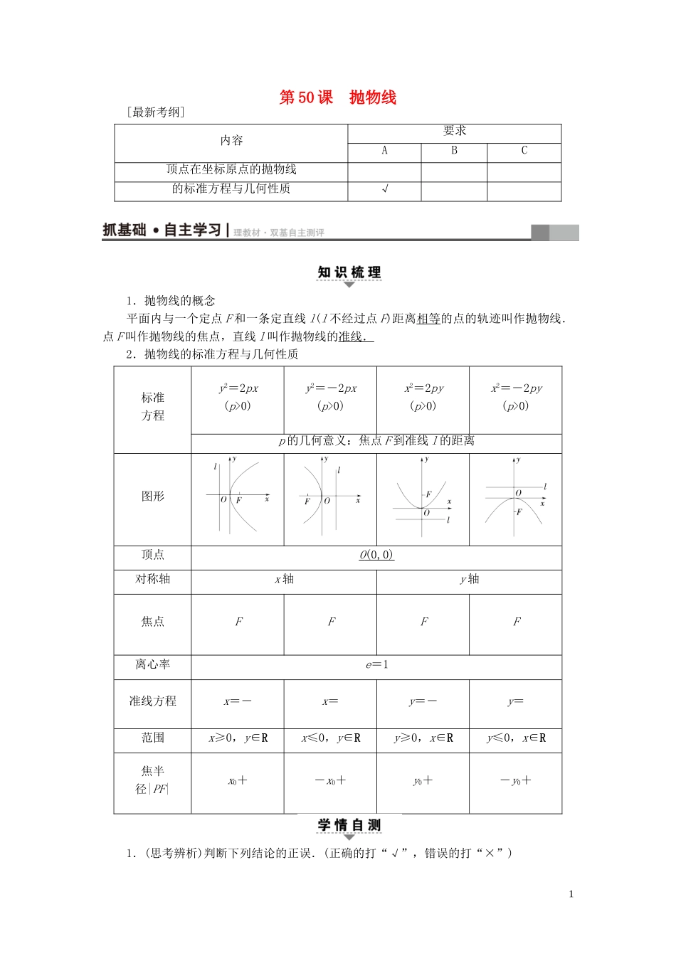 （江苏专用）高考数学一轮复习 第九章 平面解析几何 第50课 抛物线教师用书-人教版高三全册数学试题_第1页