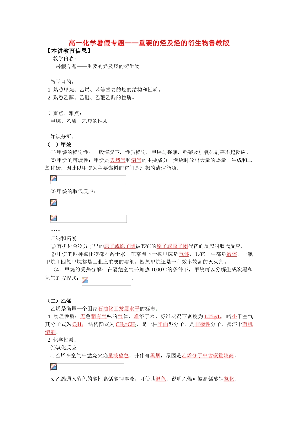 高一化学暑假专题——重要的烃及烃的衍生物鲁教版_第1页