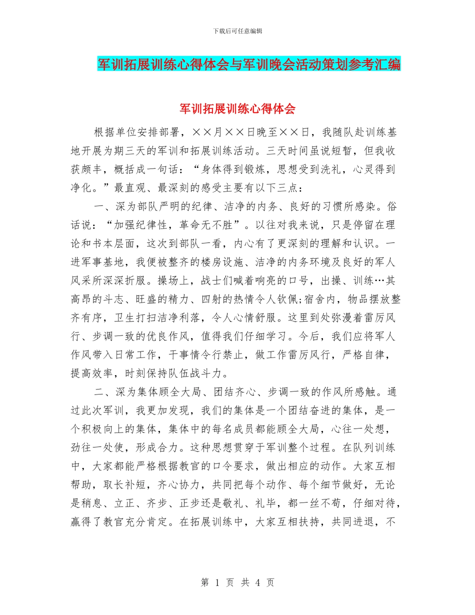 军训拓展训练心得体会与军训晚会活动策划参考汇编_第1页