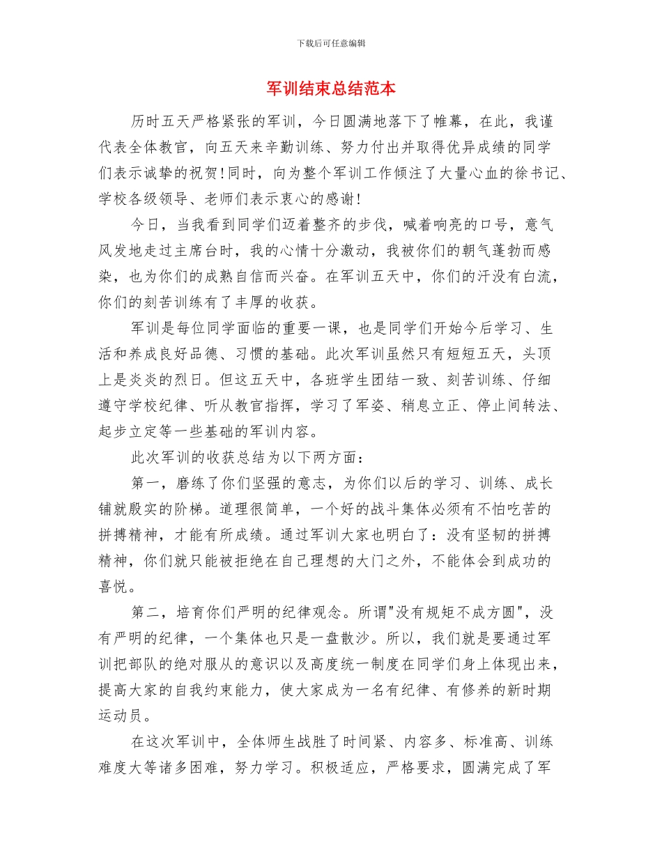 军训汇报表演及总结表彰大会讲话与军训结束总结范本汇编_第2页