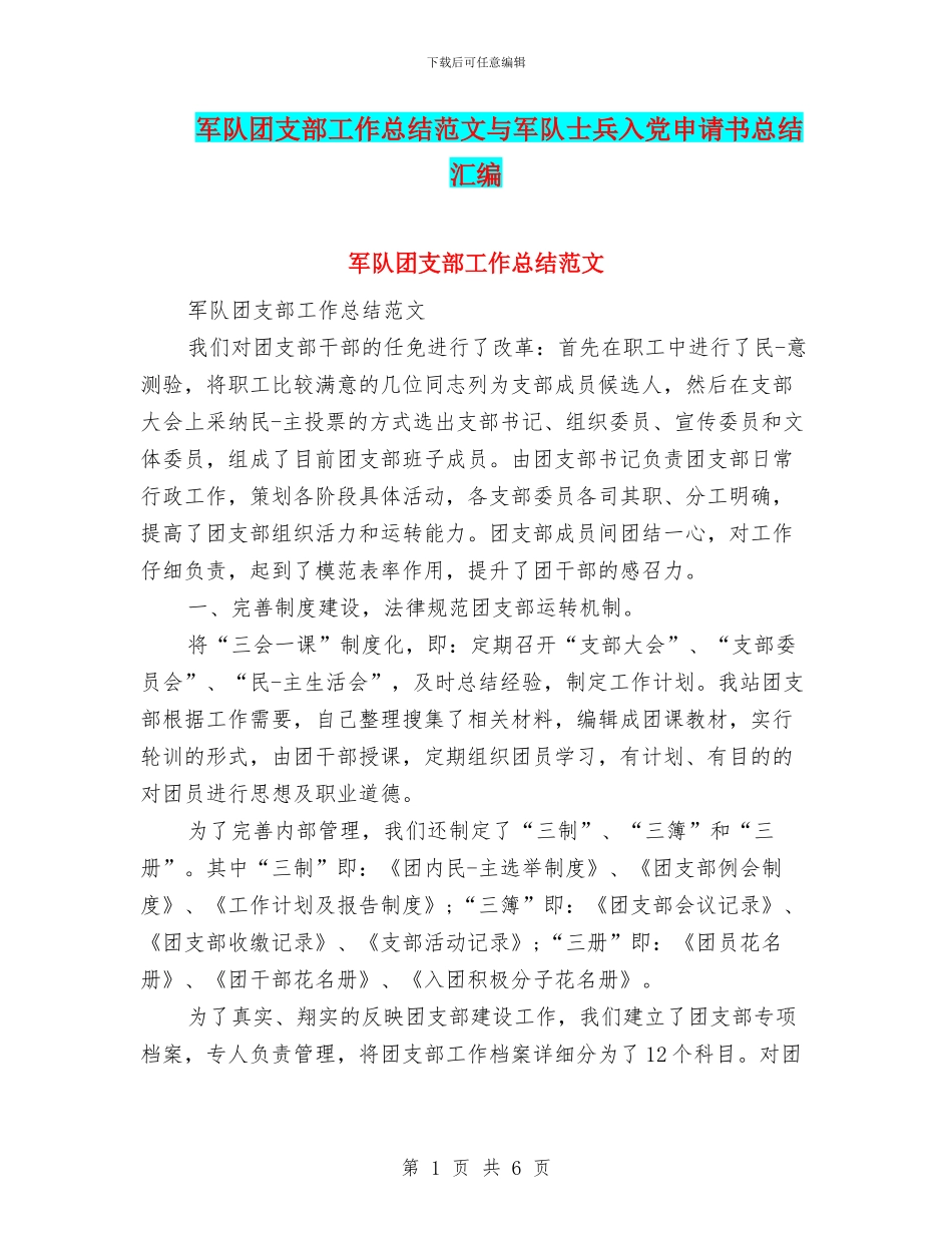 军队团支部工作总结范文与军队士兵入党申请书总结汇编_第1页