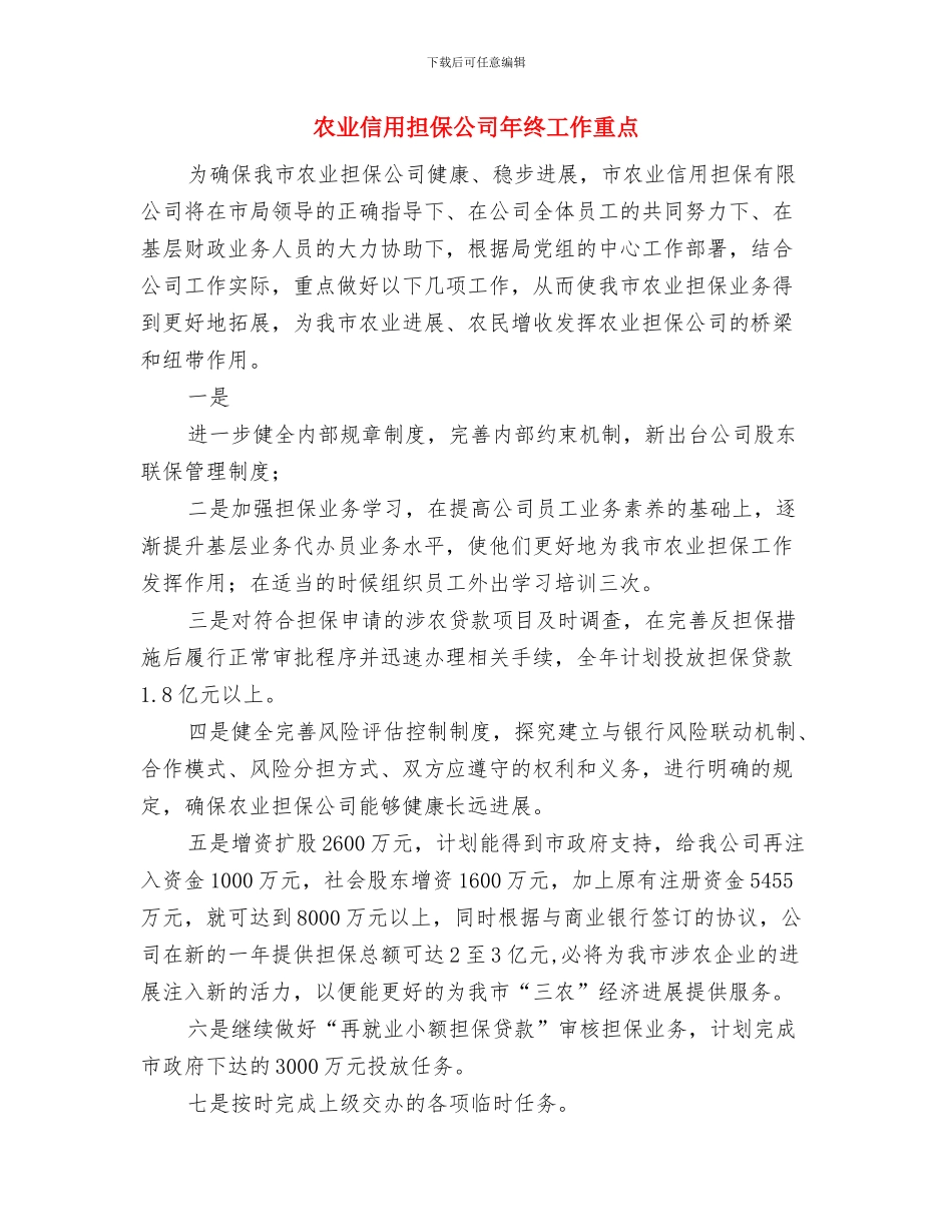 农业信用担保公司年度工作计划与农业信用担保公司年终工作重点汇编_第3页