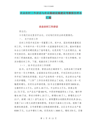 农业农村工作讲话与农业基础设施建设考察报告样本汇编