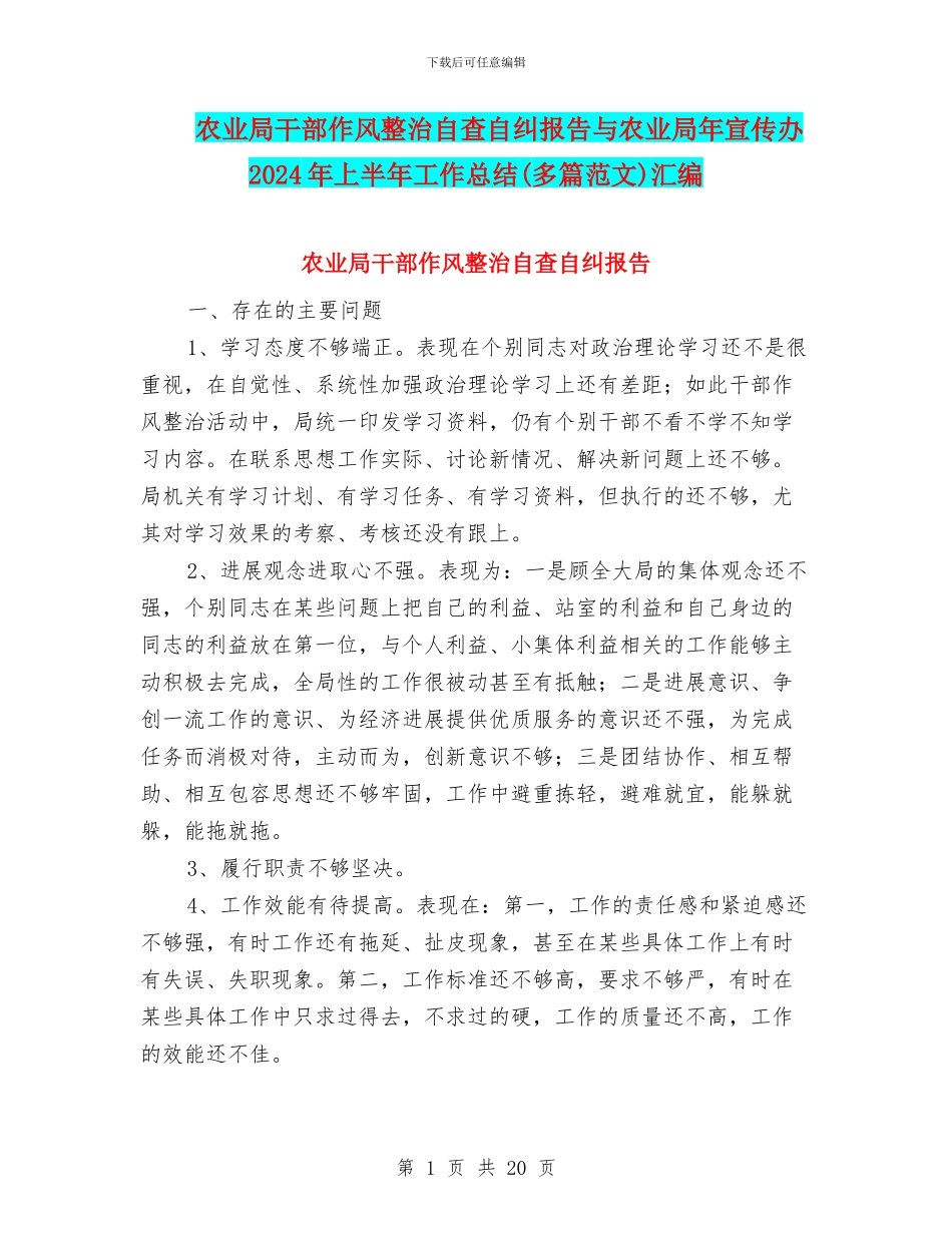 农业局干部作风整治自查自纠报告与农业局年宣传办2024年上半年工作总结汇编_第1页