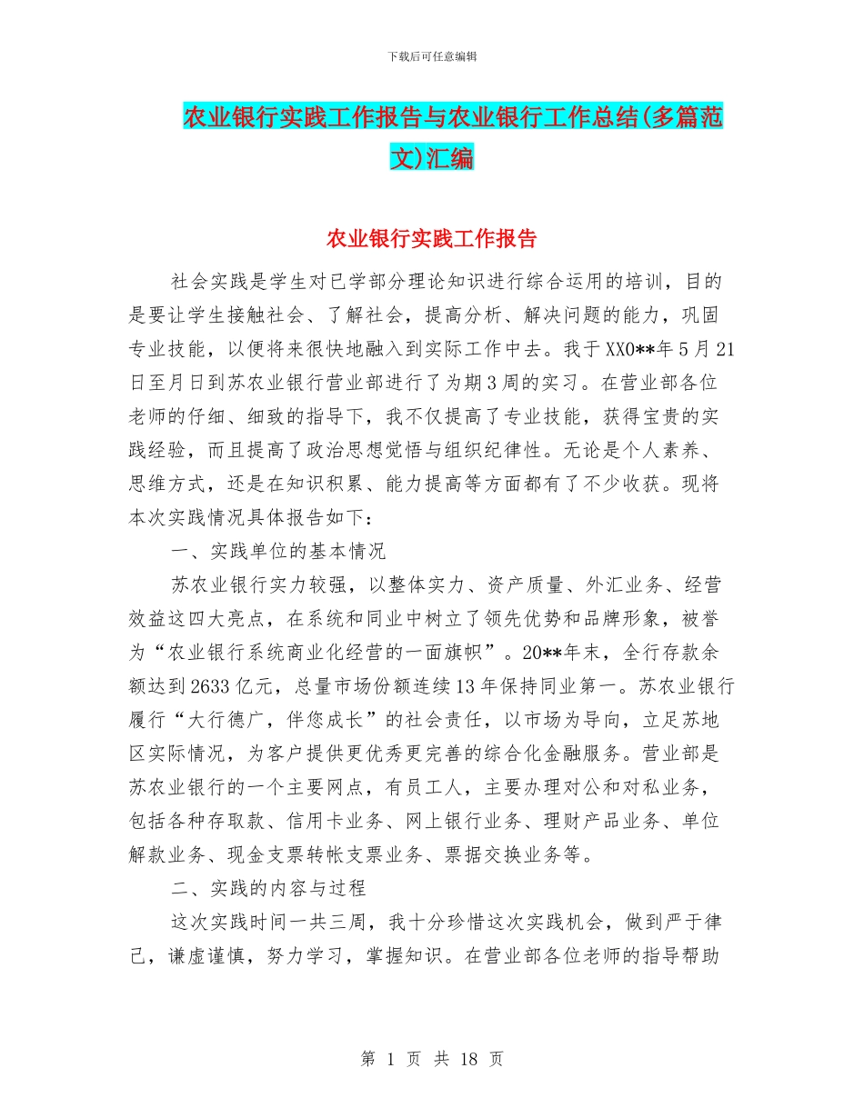 农业银行实践工作报告与农业银行工作总结汇编_第1页