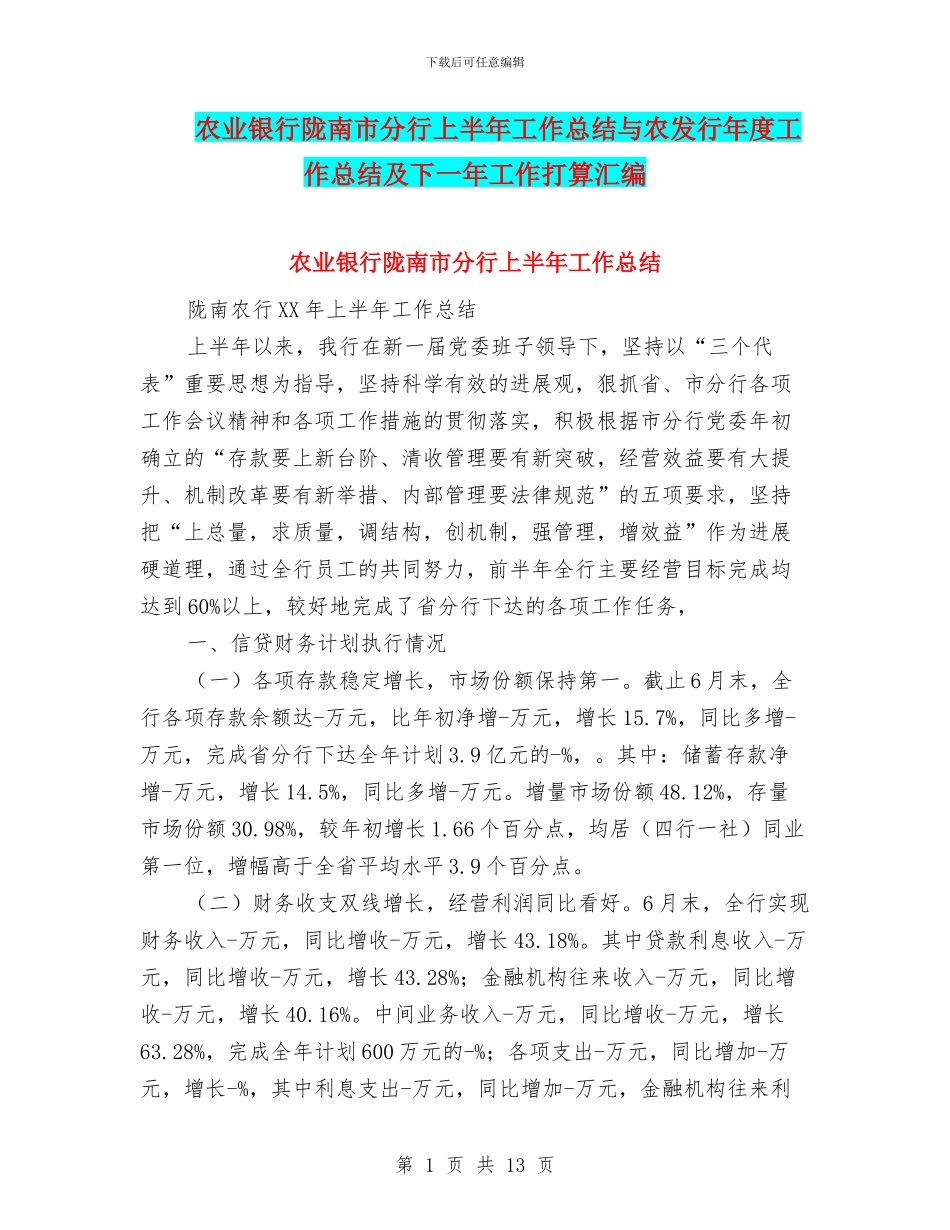 农业银行陇南市分行上半年工作总结与农发行年度工作总结及下一年工作打算汇编_第1页