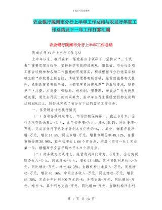农业银行陇南市分行上半年工作总结与农发行年度工作总结及下一年工作打算汇编