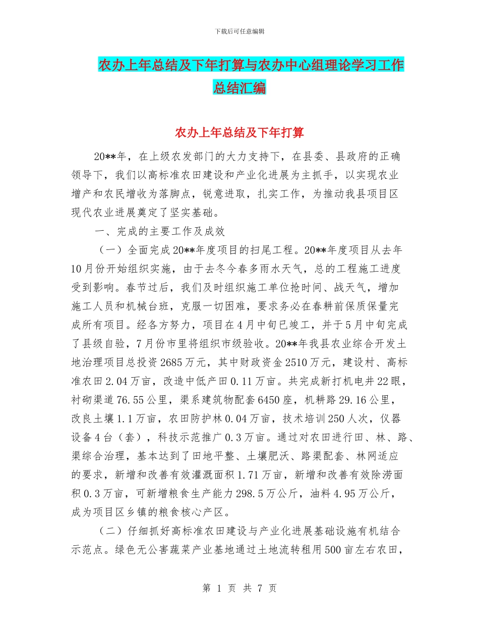 农办上年总结及下年打算与农办中心组理论学习工作总结汇编_第1页