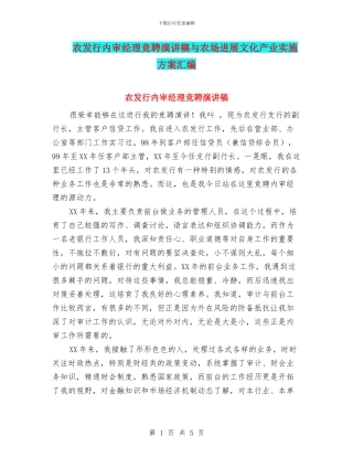 农发行内审经理竞聘演讲稿与农场发展文化产业实施方案汇编