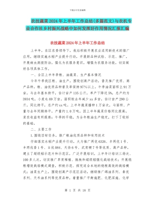 农技蔬菜2024年上半年工作总结与农机专业合作社乡村振兴战略中如何发挥好作用情况汇报汇编