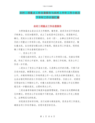 农村三项重点工作自查报告与农村上半年工作小结及下半年工作计划汇编