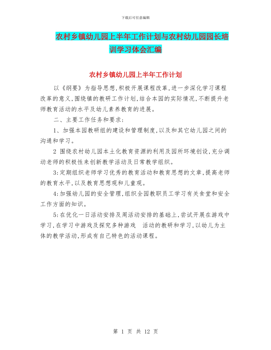 农村乡镇幼儿园上半年工作计划与农村幼儿园园长培训学习体会汇编_第1页