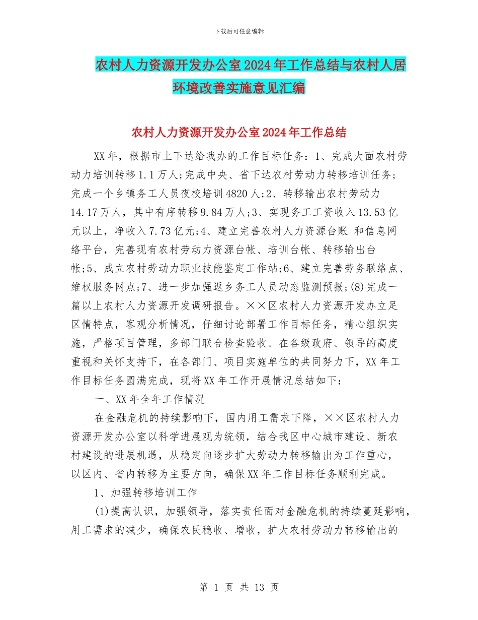 农村人力资源开发办公室2024年工作总结与农村人居环境改善实施意见汇编_第1页