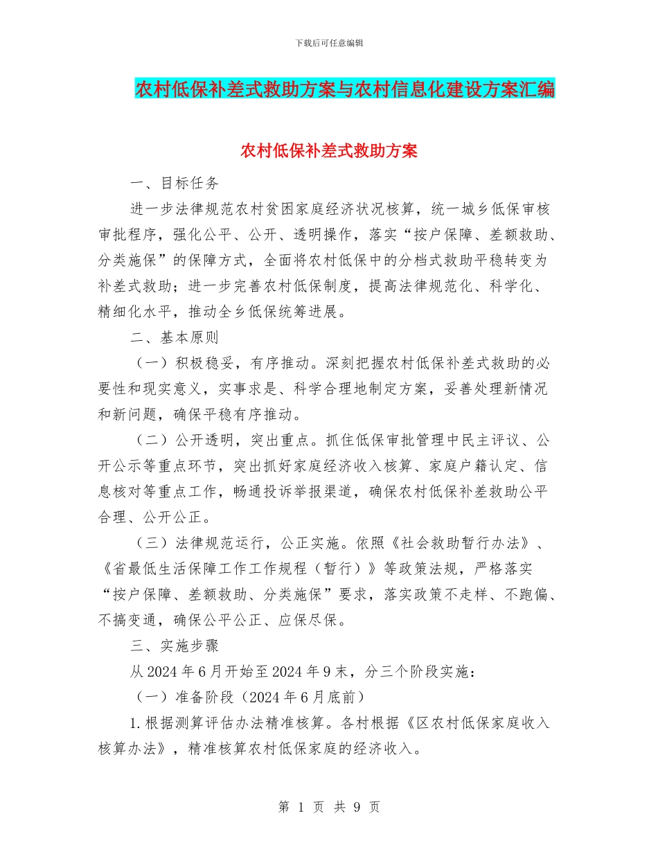农村低保补差式救助方案与农村信息化建设方案汇编_第1页