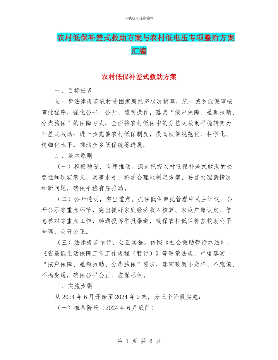 农村低保补差式救助方案与农村低电压专项整治方案汇编_第1页