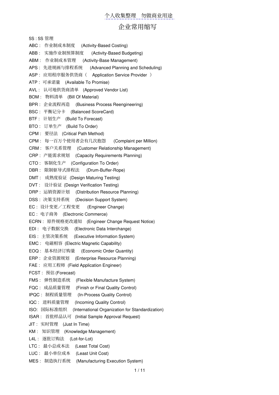 企业常用管理制度术语英文缩写_第1页
