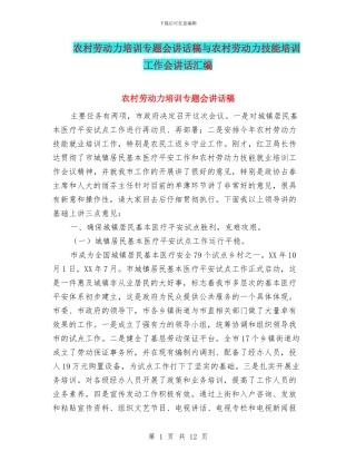 农村劳动力培训专题会讲话稿与农村劳动力技能培训工作会讲话汇编