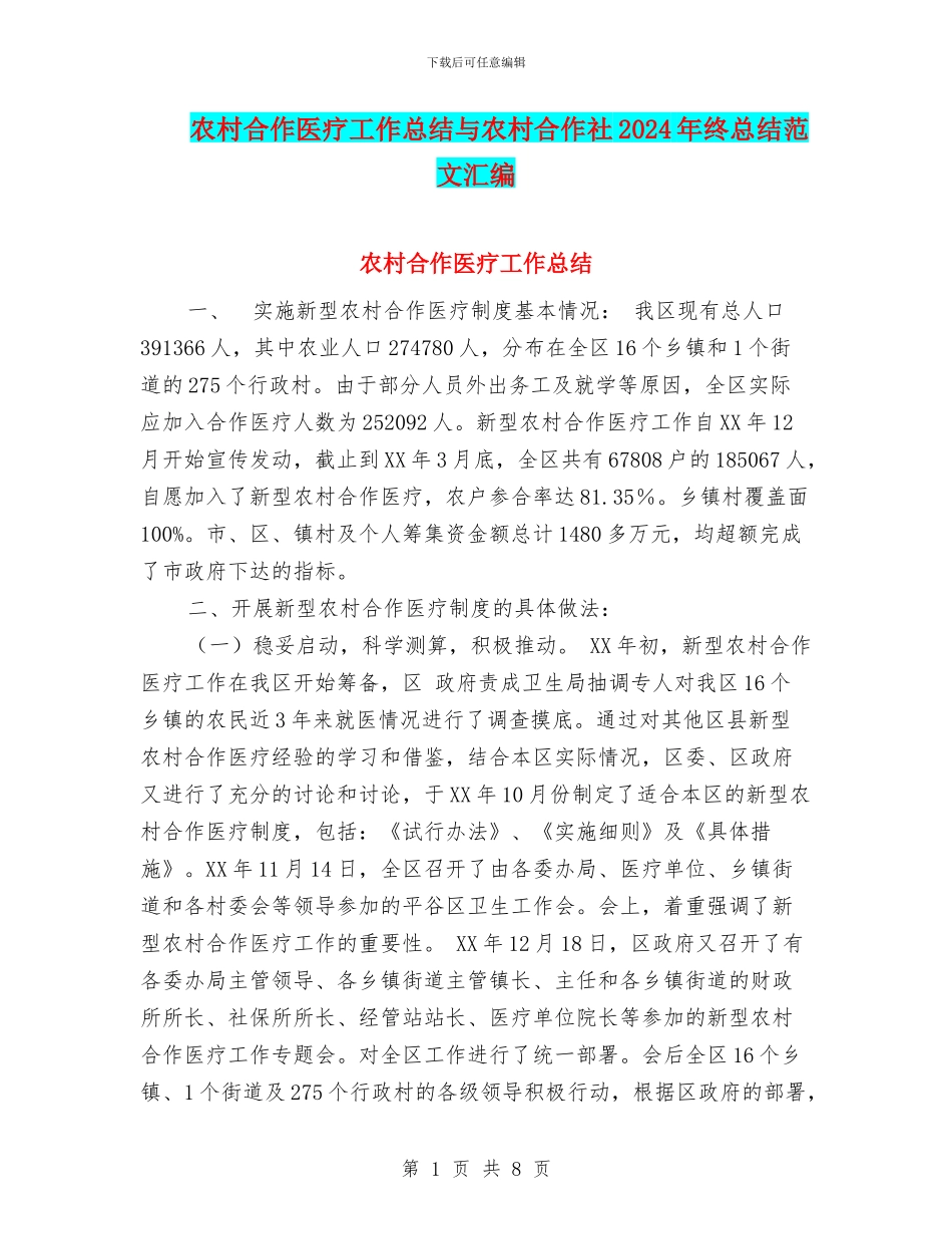 农村合作医疗工作总结与农村合作社2024年终总结范文汇编_第1页