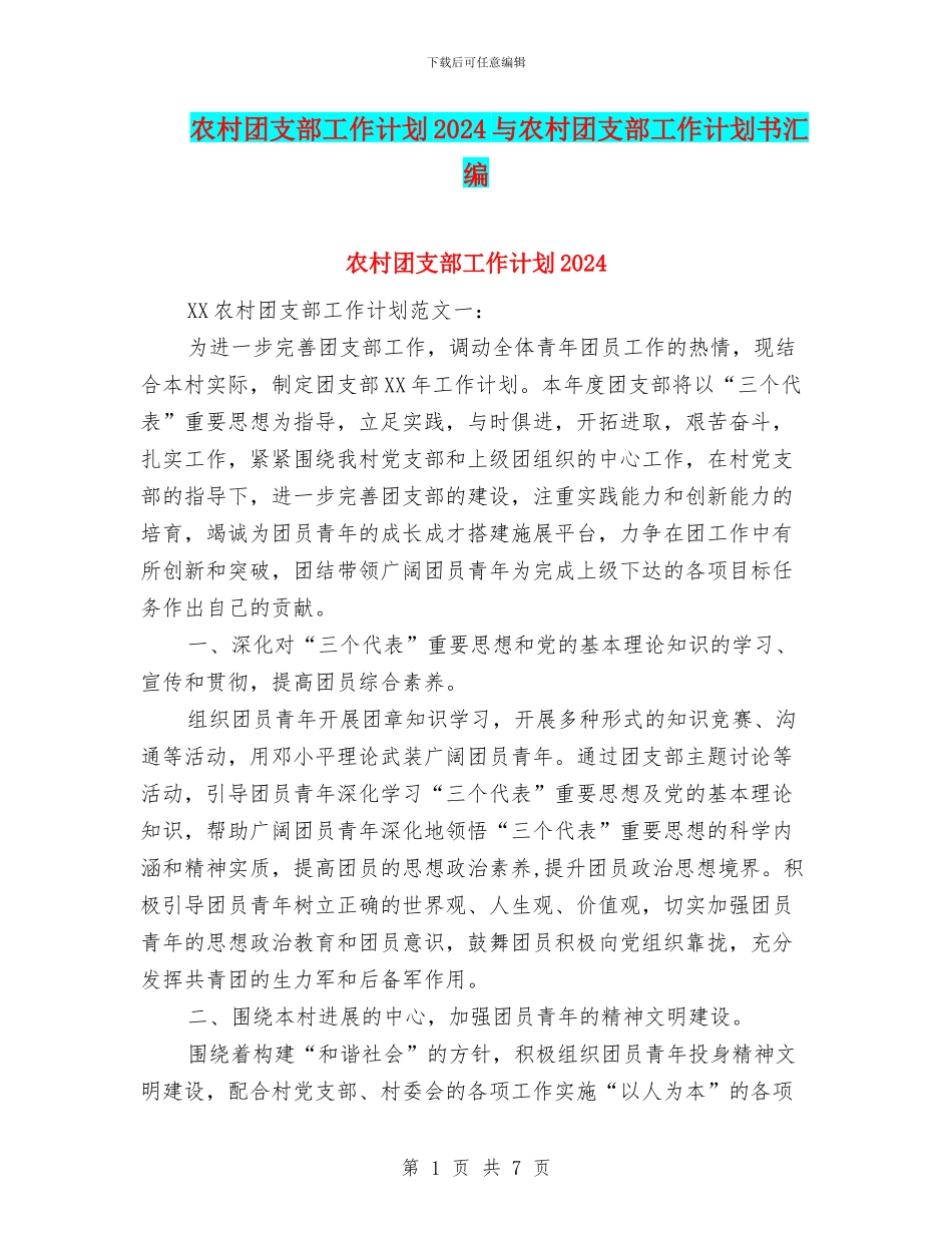 农村团支部工作计划2024与农村团支部工作计划书汇编_第1页