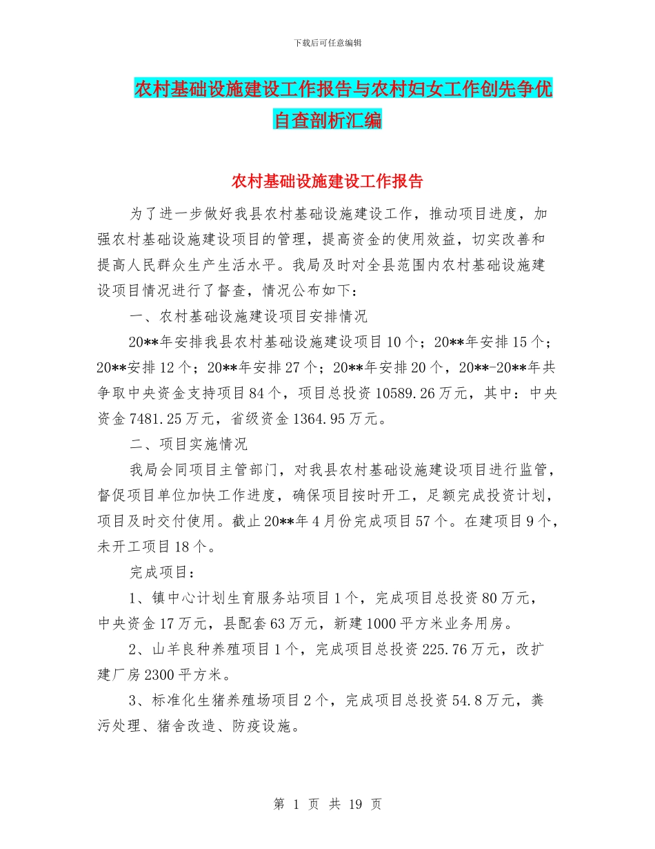 农村基础设施建设工作报告与农村妇女工作创先争优自查剖析汇编_第1页
