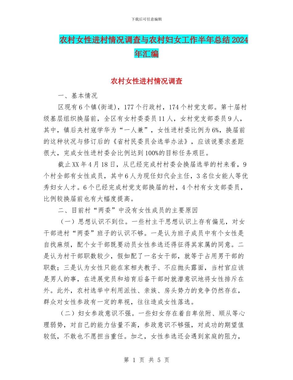 农村女性进村情况调查与农村妇女工作半年总结2024年汇编_第1页