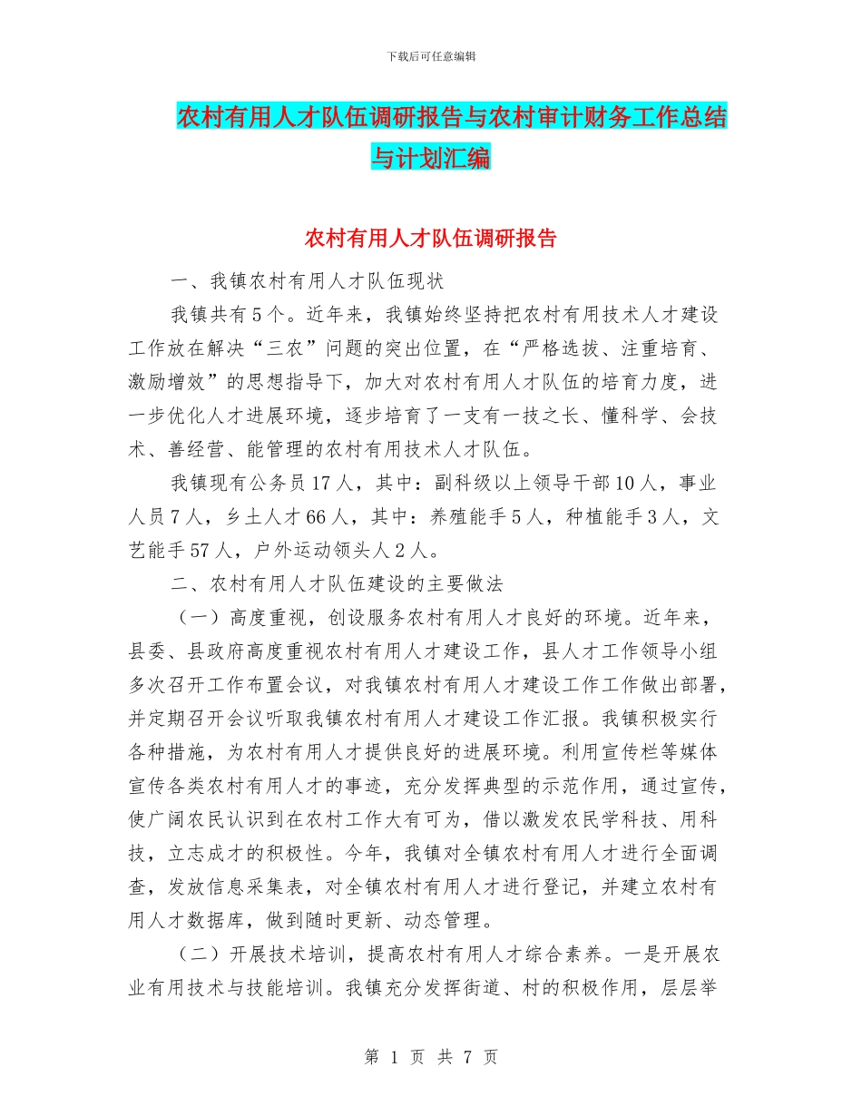 农村实用人才队伍调研报告与农村审计财务工作总结与计划汇编_第1页