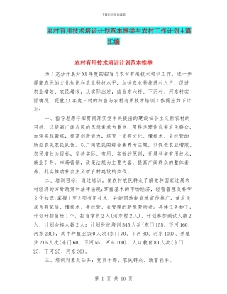 农村实用技术培训计划范本推荐与农村工作计划4篇汇编