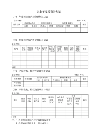 企业年投资计划表