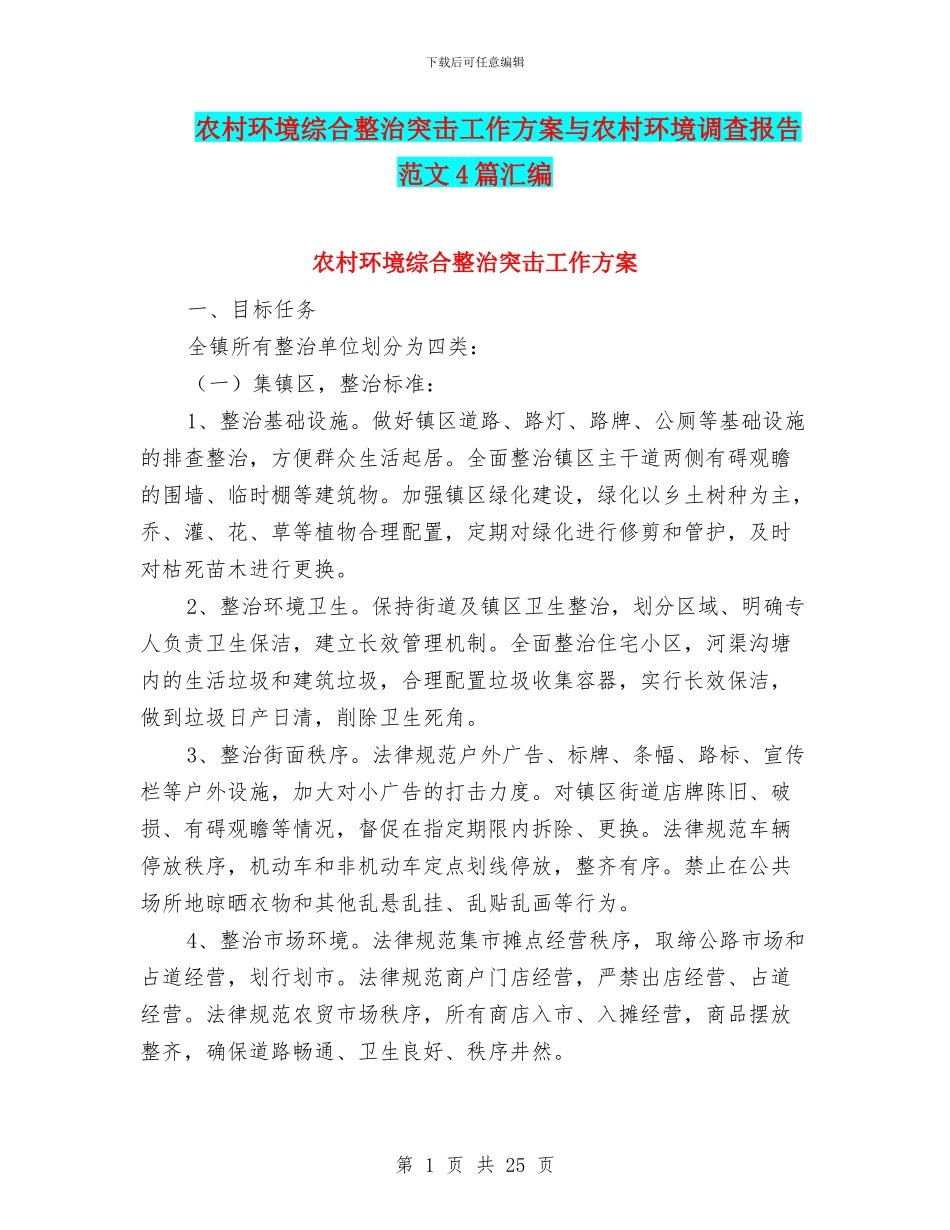 农村环境综合整治突击工作方案与农村环境调查报告范文4篇汇编_第1页